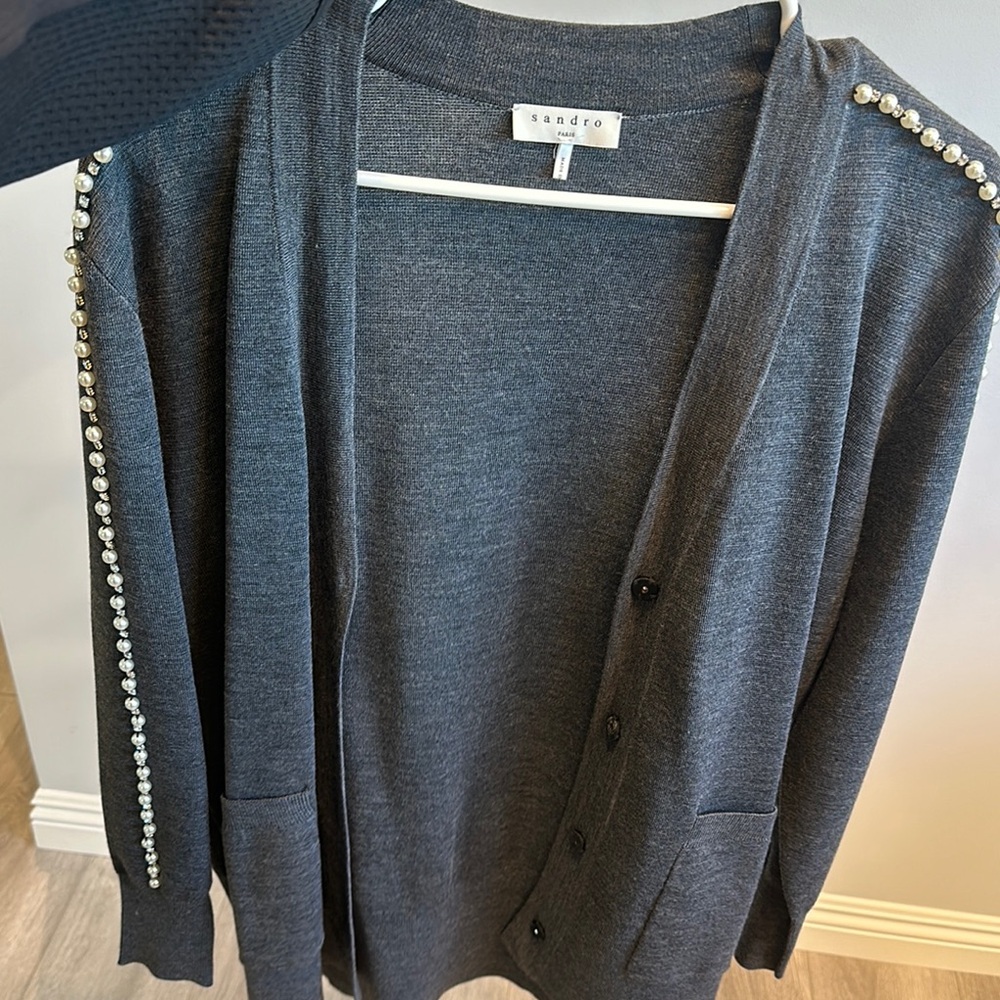 Sandro Gray Cardigan with Pearl Details